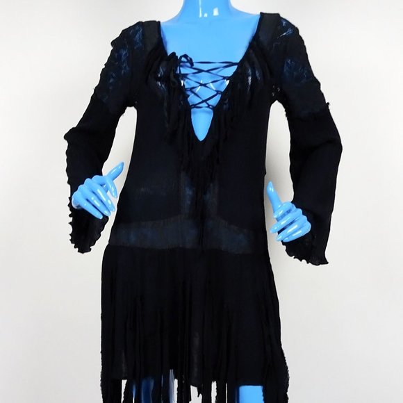 Free People Dresses & Skirts - Free People Black Shipwreck Cove Dress M 8 10 Fringe Gypsy Goth Festival Pirate